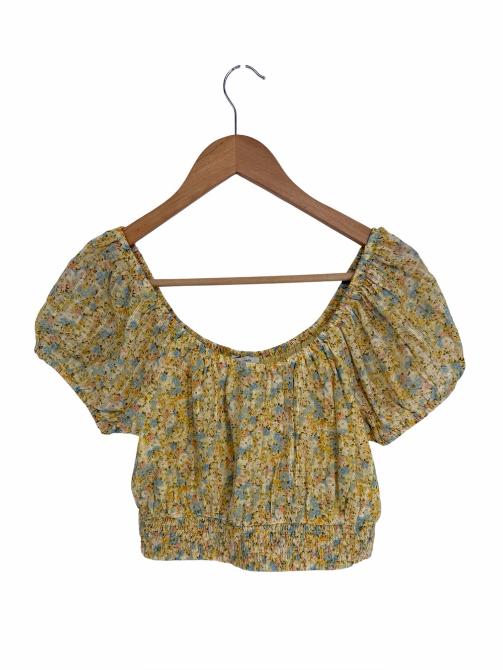 American Eagle Floral Smocked Crop Top Yellow Puff Sleeve Womens - XS